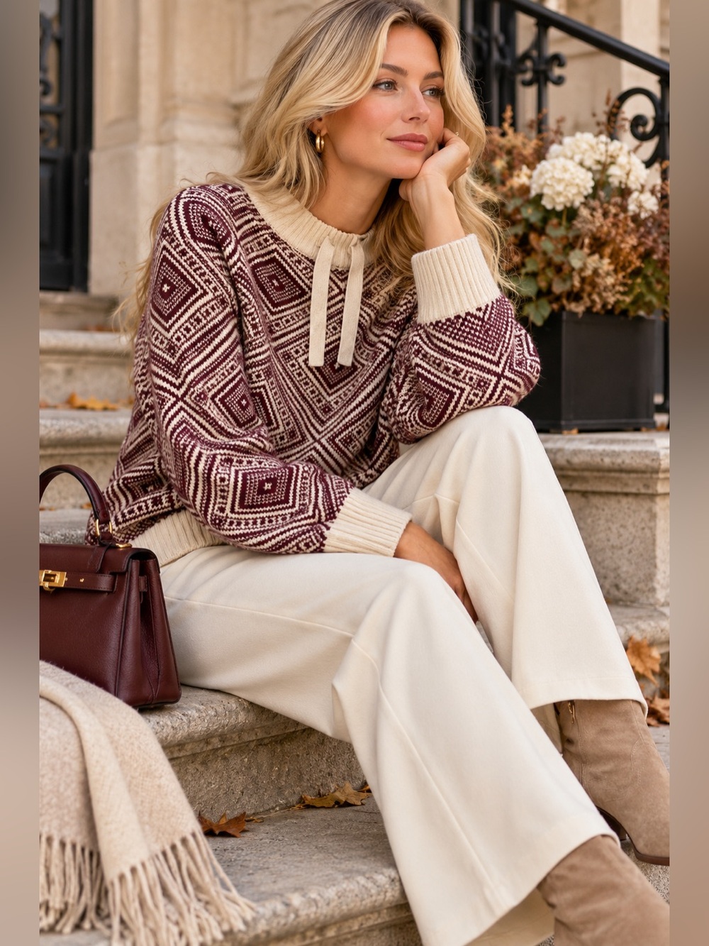 Geometric Plum and Cream Crewneck Sweater